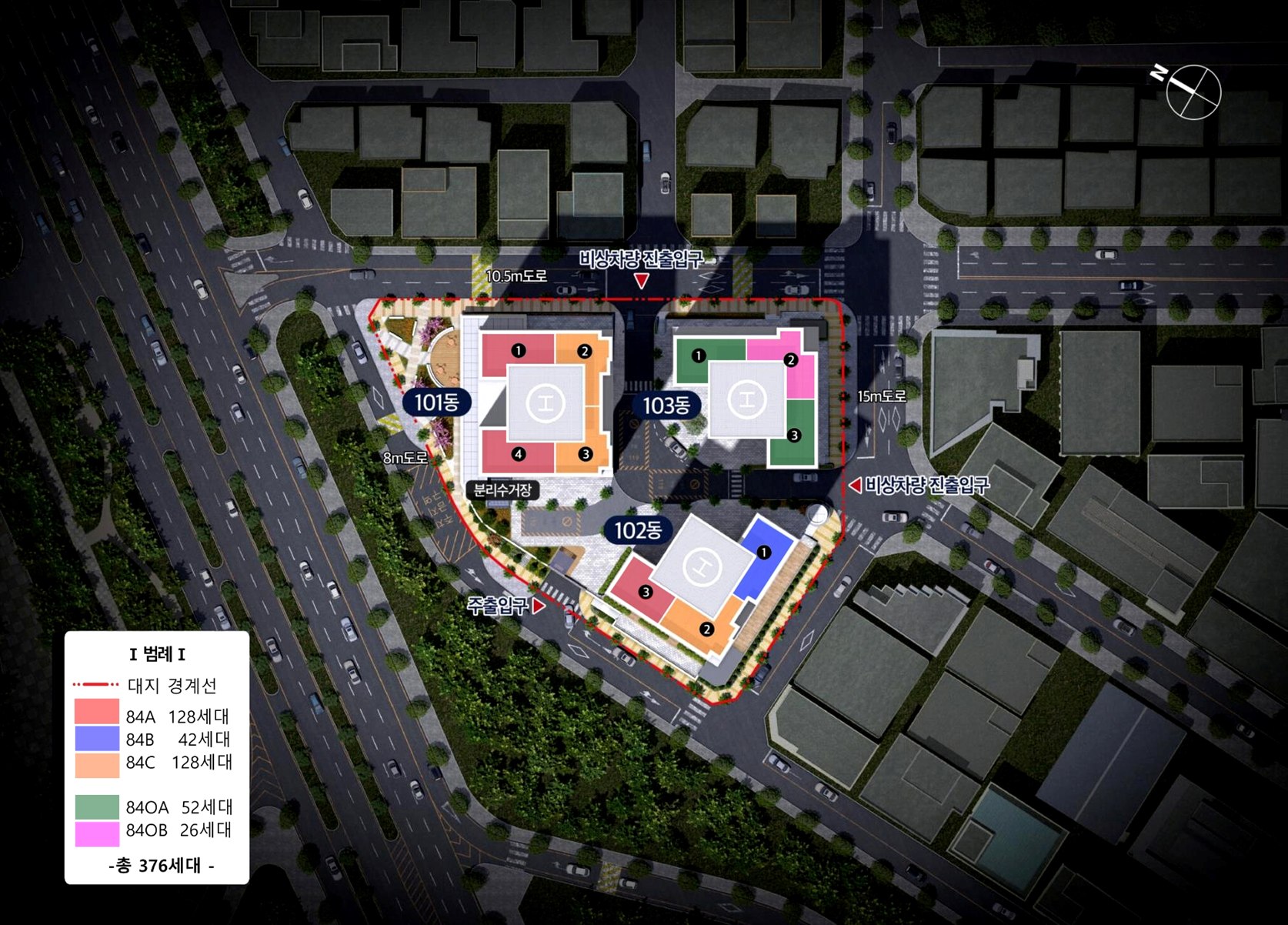 청주하트리움 단지배치도 - 101동 102동 103동 및 84A/84B/84C/84OA/84OB 타입 배치, 총 376세대